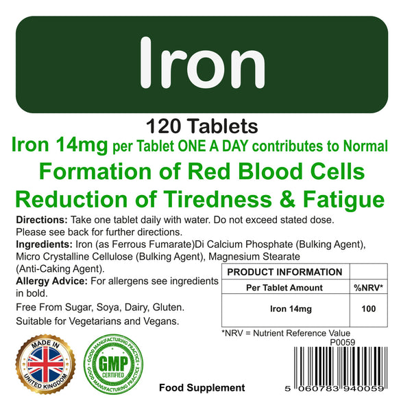 Iron Tablets 14mg for Red Blood Cells, Tiredness, Cognitive Function 120 Pack by Proaid