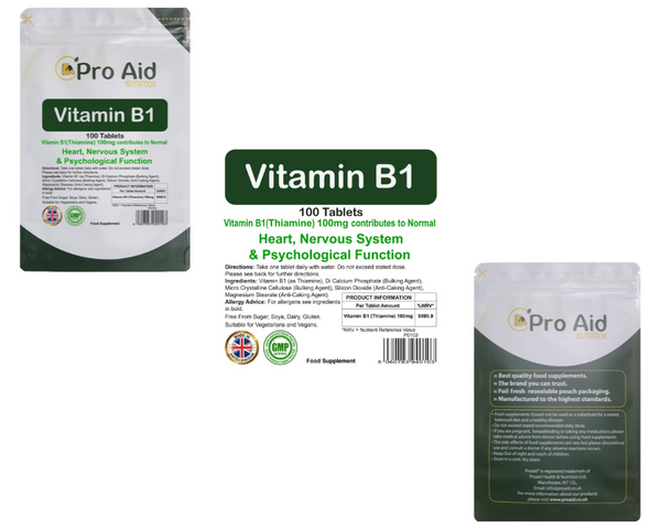 Vitamin B1 Thiamine Tablets 100mg Nervous system, Heart Function, Metabolism 100 Pack by Proaid