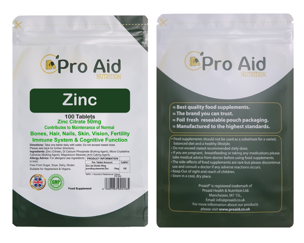 Zinc Tablets 50mg Immune Health, Healthy Skin 100 Pack by Proaid Nutrition