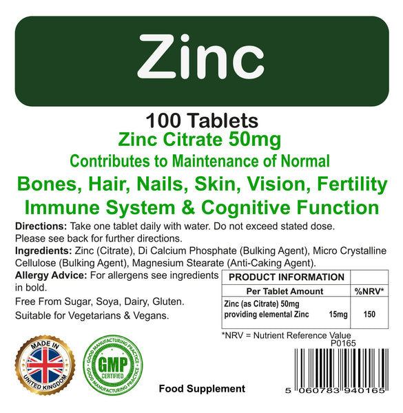 Zinc Tablets 50mg Immune Health, Healthy Skin 100 Pack by Proaid Nutrition